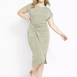 Lane Bryant Plus Size Green & White Leaves & Dots Cap Sleeve Wrap Midi Dress